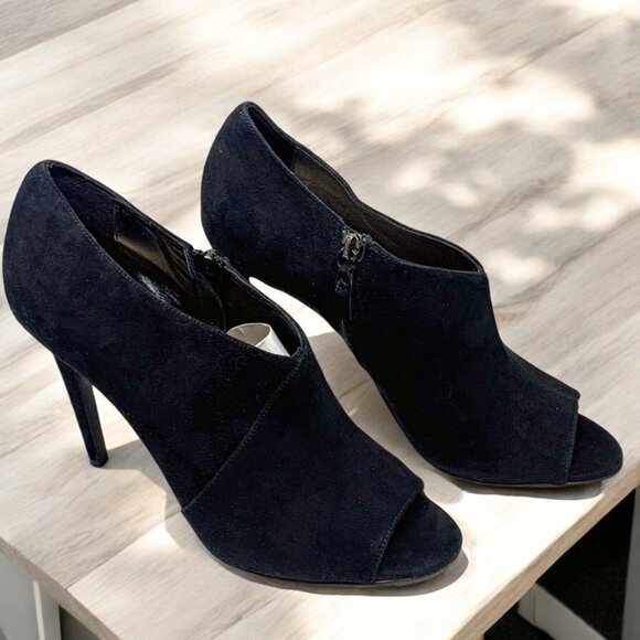 DIANE von FURSTENBERG Uzza Black Suede Peep Toe Stiletto Booties - Picture 10 of 11